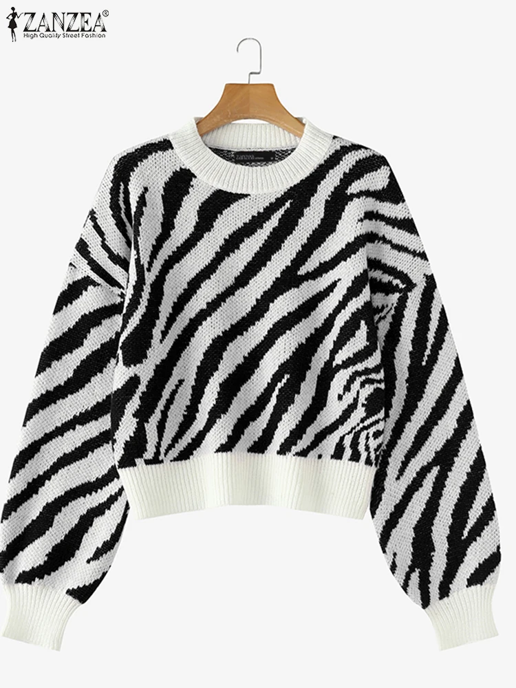 

ZANZEA Women's Classic Zebra Print Sweaters Stylish Lantern Sleeves Crew Neck Knitted Tops Loose Casual Color-Blocked Pullovers
