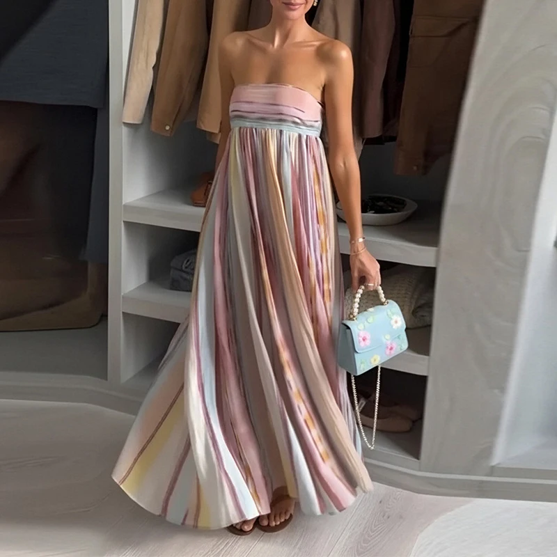 Sommerliches trägerloses gestreiftes Boho-Kleid, elegantes rückenfreies plissiertes Strand-Maxikleid, lässiges rückenfreies Cocktailkleid für Damen