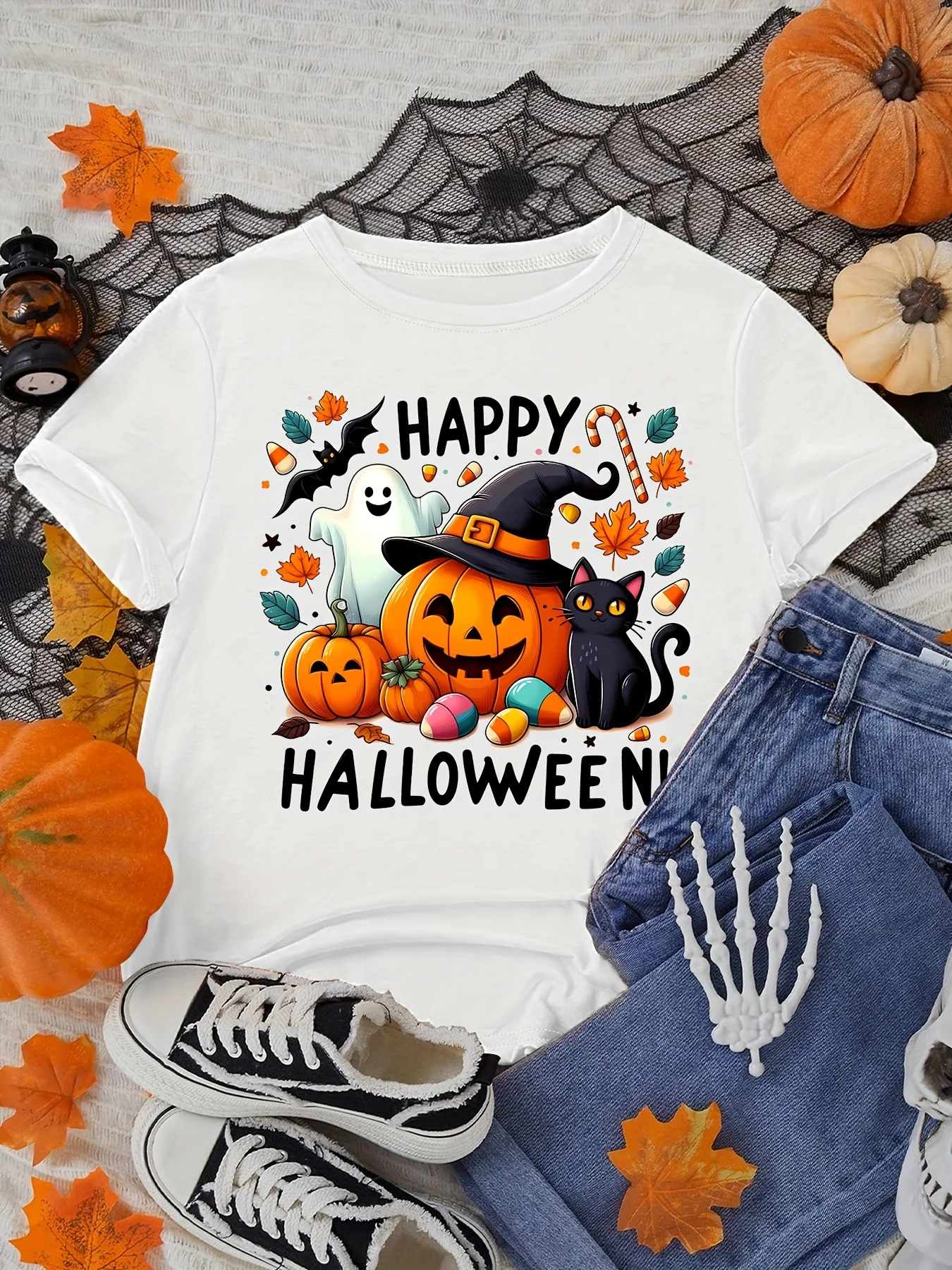

Spooky Pumpkin Cat Graphic Halloween Women's T-Shirt Short Sleeve Summer Short Sleeved Harajuku Streetwear Tops Tees