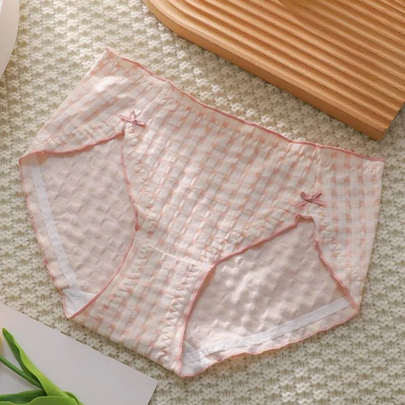 Large Size Panties Women Cotton Antibacterial Crotch Underwear Mid-rise Sweet Plaid Lace Underpants Student Girls Bowknot Briefs