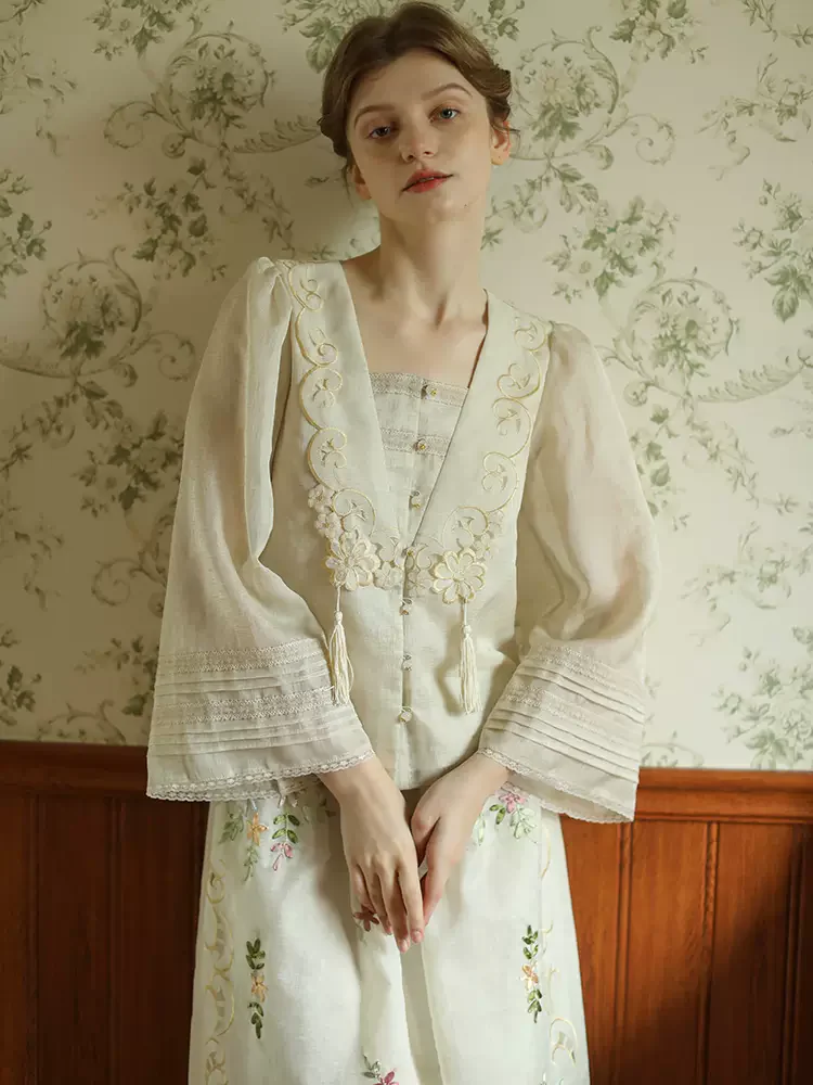 86-94cm Bust Spring Summer Women French Style Elegant Loose Mori Kei Girl Handmade Embroidered Top and Skirt Sets