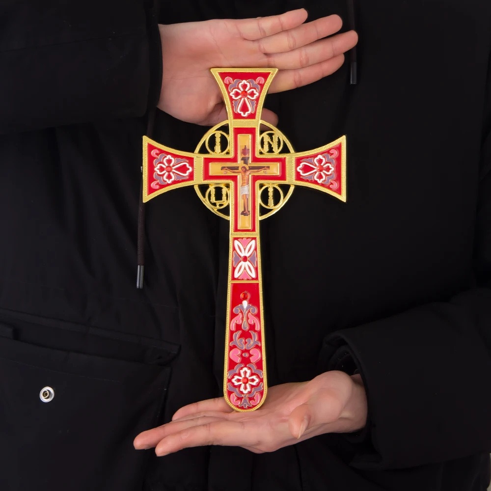HTISOK Orthodoxes Altarkreuz im Byzantinischen Stil, Vergoldet, Emailliert, Stehendes Jesus-Kruzifix zur Kirchendekoration, Orthodoxes Kreuz – Detail 7