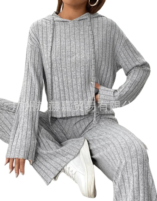 Two Piece Set Women Outfit 2023 Winter New Fashion Casual Elegant Solid Hooded Sweater Knitted Long Sleeve Loose Pants