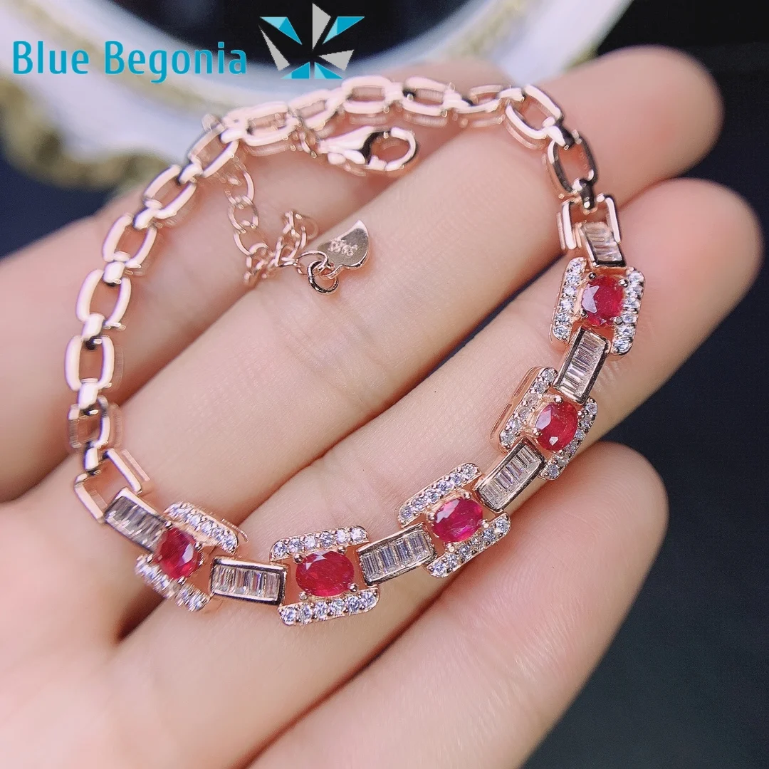 

Natural Ruby Bracelet 4*3MM Gemstone Real 925 Sterling Silver Jewelry for Women Anniversary Gift