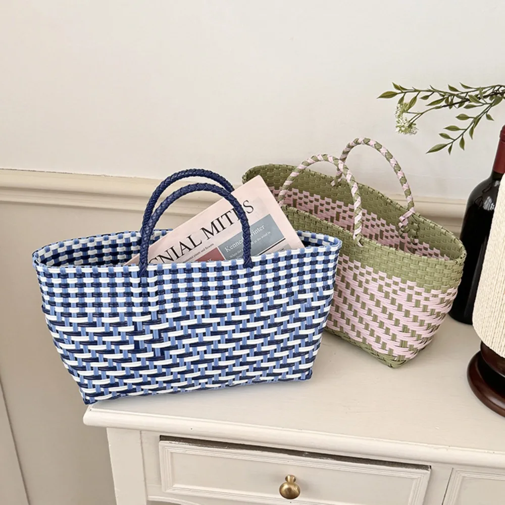 

Trendy PVC Handbag Weave Bag Countryside Style Bohemian Beach Tote Bag Large Capacity Bucket Bag Vegetable Basket Bag Girls