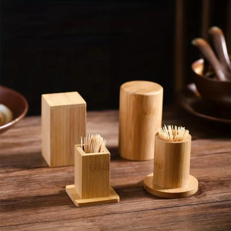 1PC Bamboo Toothpick Box with Lid Portable Household Hotel Restaurant Kitchen Tooth Pick Holders Storage Boxes Decoration Tools