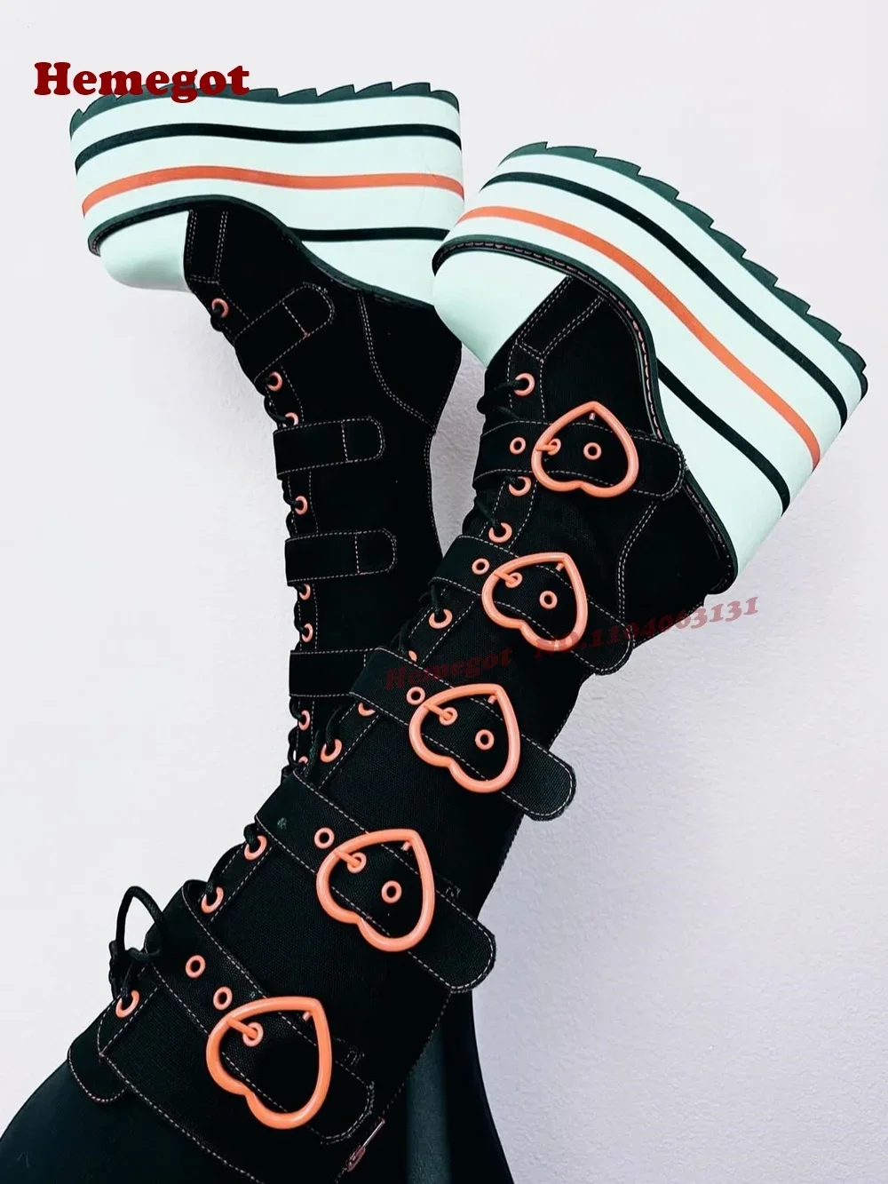 

Готические ботинки Y2K на танкетке с розово-черными вставками, до колена, с пряжками, для дерзких девушек, на платформе из канваса, на шнуровке, в уличном стиле, сексуальные