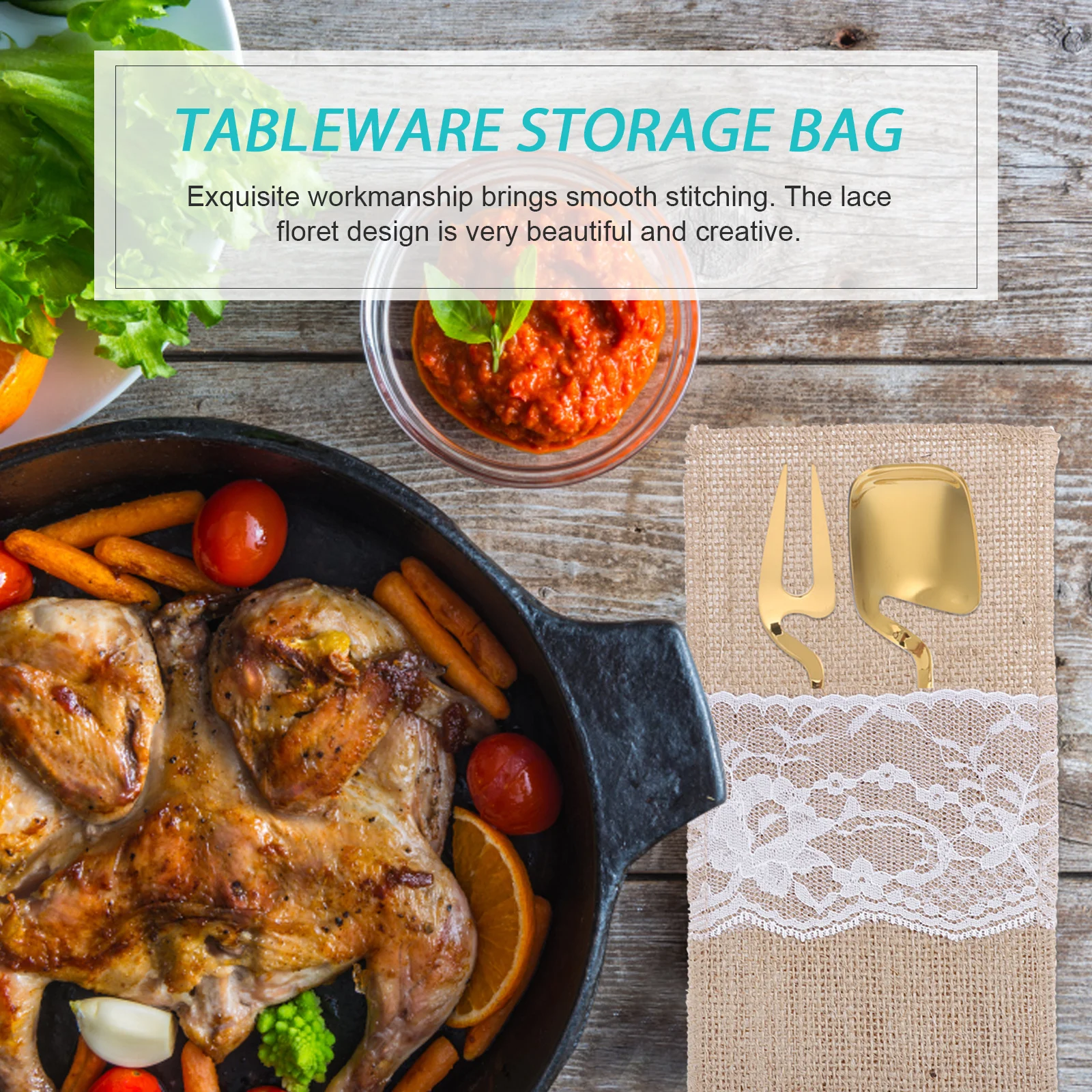 

10Pcs Utensil Fork Bag Tableware Pouch Creative Lace Detail Strong Jute Material Party Table Decoration Accessory