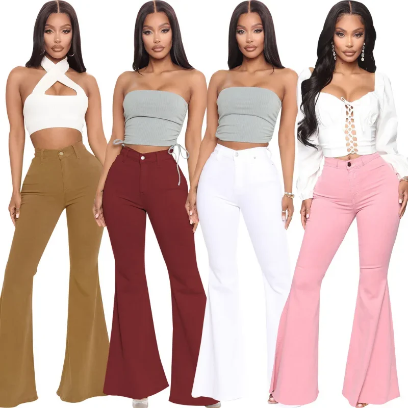 White Flare Jeans for Women 2024 Spring Summer Slim High Waist Stretch Skinny Boot-cut Denim Pants Woman Pink Bell Bottom Jeans