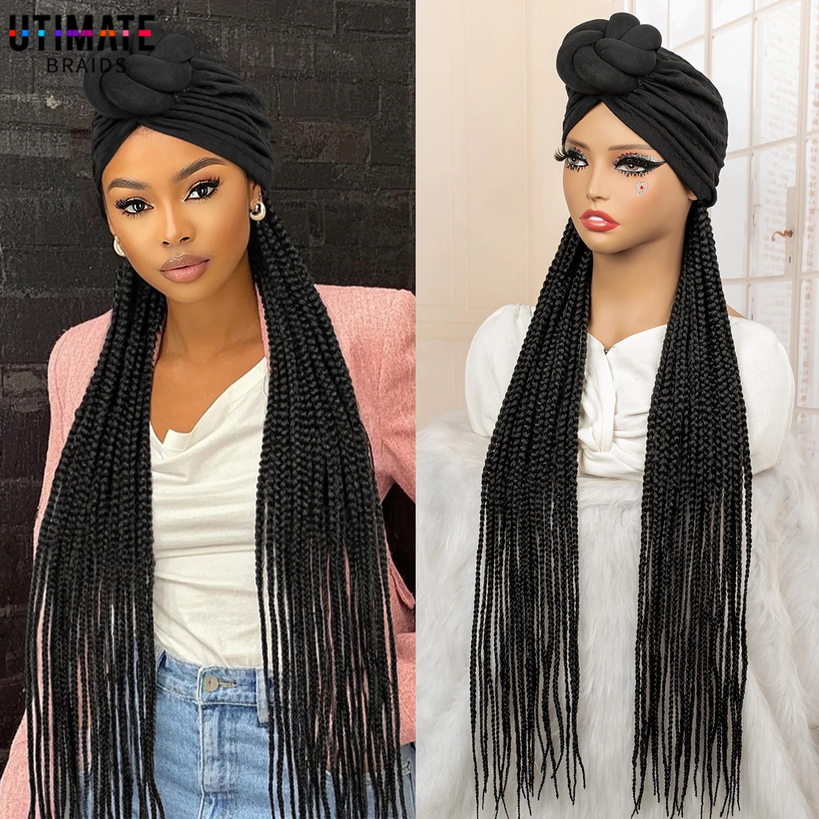 

30-дюймовые синтетические плетеные парики с тюрбаном, плетеные волосы-насадки с черной повязкой для чернокожих женщин