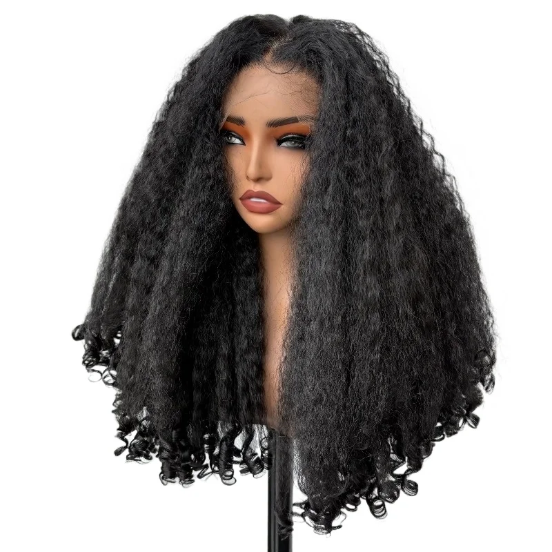 

13 * 6 Lace Front Unglued Kink Straight Curly Hair Natural Blended African Kink Curly Wig Synthetic Wig