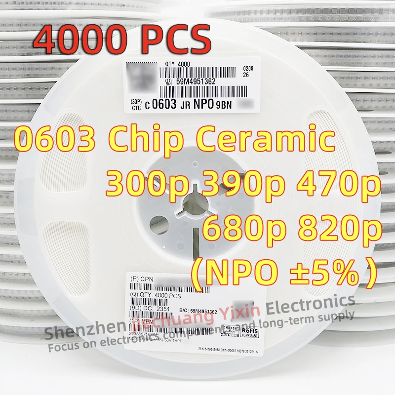 0603 SMD Ceramic Capacitor 300pF 390pF 470pF 680pF 820pF 50V ±5% NPO(COG) 1608 Capacitance 4000pcs