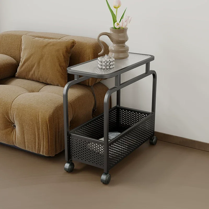 ￥%Cream-colored bedside table with minimalist modern iron frame. Ultra-narrow wheels for mobile side table. Storage cabinet.