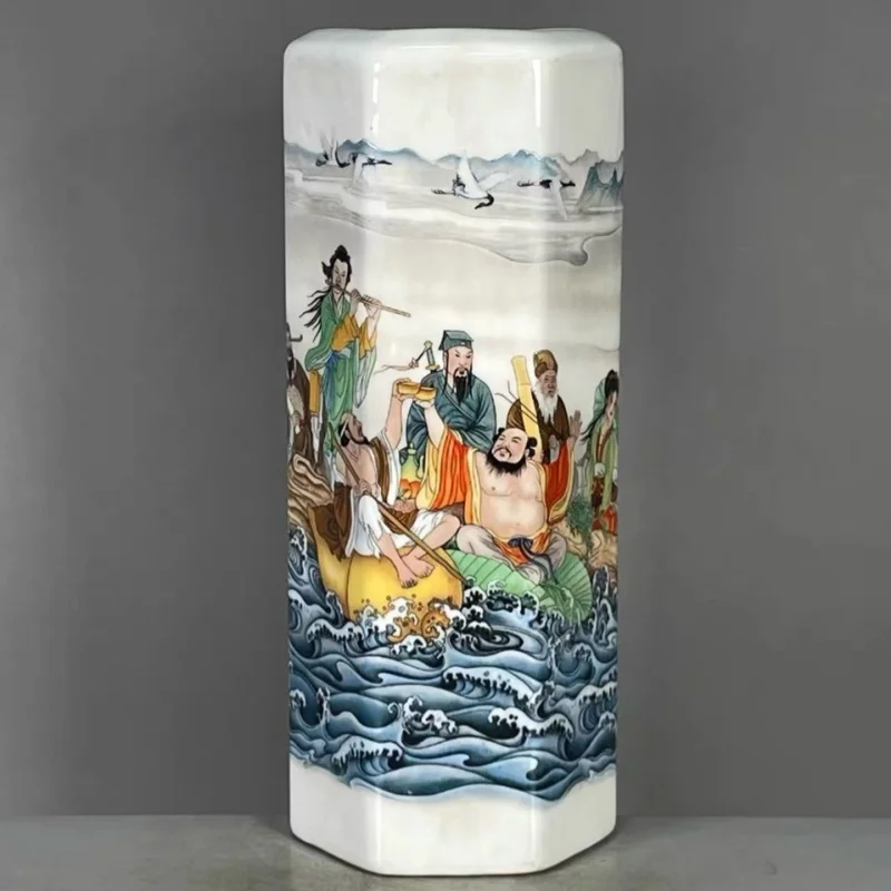 China Qing color Paintings crane and eight immortals pattern hexagonal pen holder Brush pot antique porcelain ornament