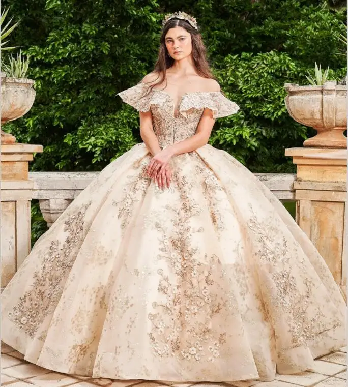 Champagne Charro Abiti Quinceanera Abito da ballo con spalle scoperte Appliques Abiti messicani dolci 16 15 Anos personalizzati