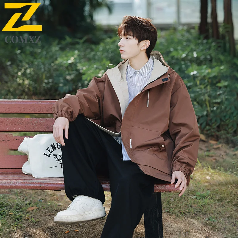 Outdoor Camping Waterproof Jackets Men's Autumn New Casual Trendy Work Hooded Windbreaker Street Clothing Harajuku Loose Coats