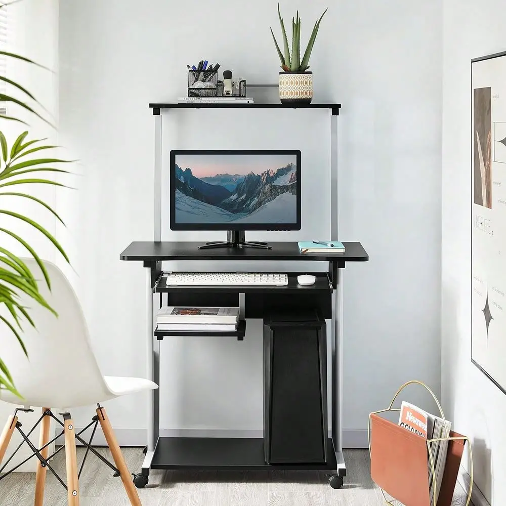 

Tier Mobile Computer Desk With Printer Shelf Keyboard Tray Rolling Computer Table For Small Spaces, Compact Study Workstation W
