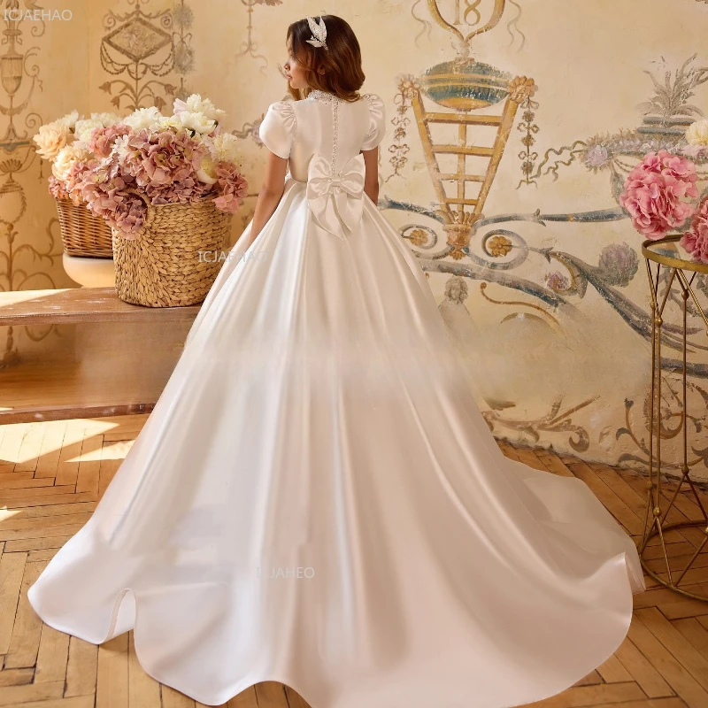 White Wedding Dress for Girls New Satin Princess Host Piano Performance Pageant Costume Party Gown Clothes Children Birthday view 3