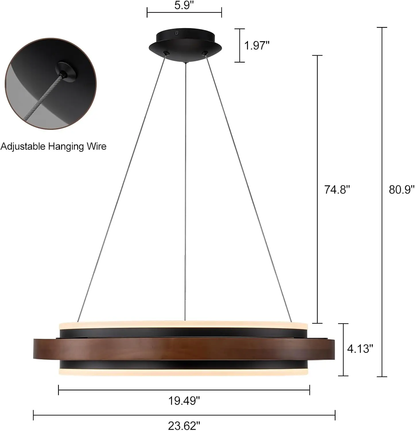 Moderne Houten Led Kroonluchter, 24 "" Dimbare Boerderij Walnoot Kleur Ronde Eetkamer Verlichtingsarmaturen, 2 Ring Hout Opknoping