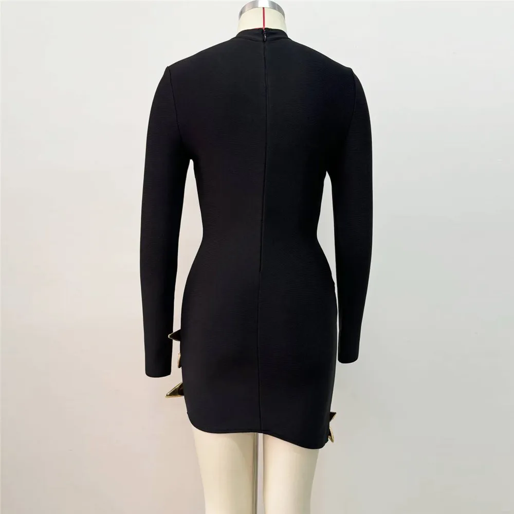 2024 صيف جديد ثلاثية الأبعاد الزهور الذهبية قطع ضمادة فستان سلحفاة الرقبة طويلة الأكمام سليم Bodycon المشاهير مساء رداء حفلات