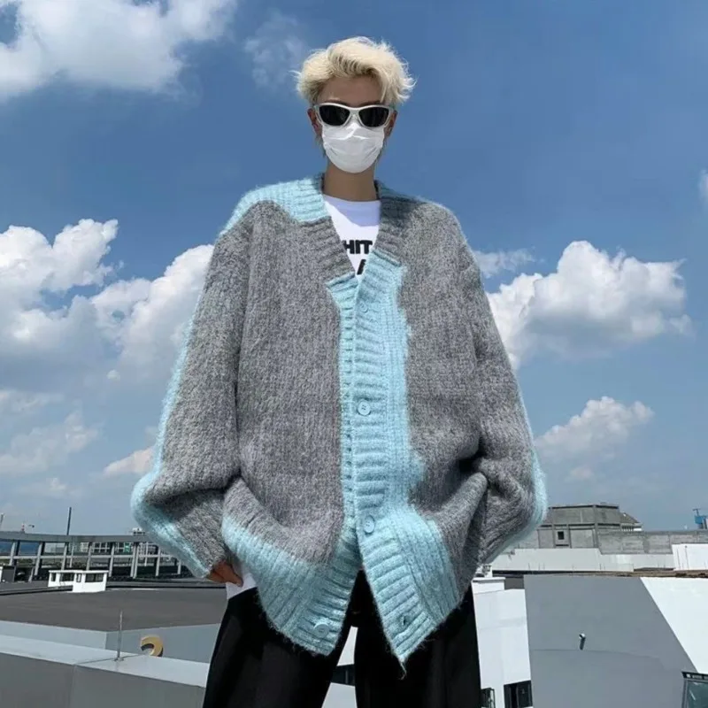 

Autumn Winter Men's American Hip Hop Vintage Color Blocked Button V Neck Loose Cardigan Sweater Couple Knit Coat Street Style