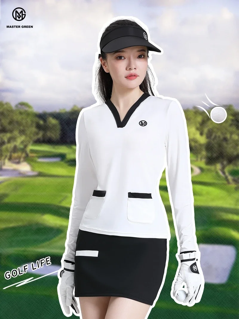 2024 New Golf Long-sleeved Shirt Suit Short Skirt Clothing Anti-exposure Skirt Sports Trend Slim Women's Top Black Skirt