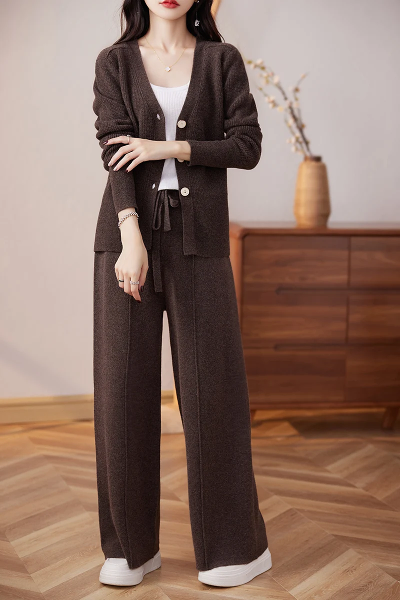 

Long Sleeved Knitted Overcoat for Women, V Collar Cardigan Sweater, Wide Leg Pants Set, 100% Pure Wool, Fashion, Middle Seam, Ne