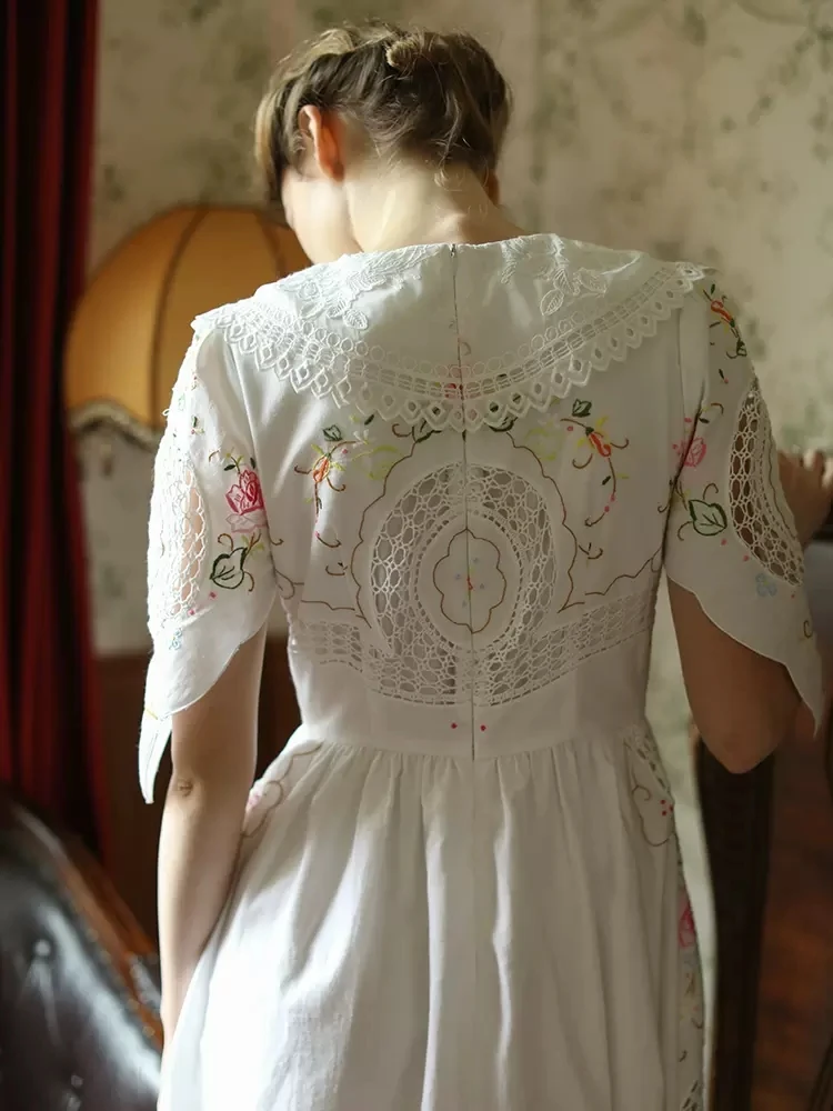 86-96cm Bust Spring Summer Women French Style Vintage Handmade Exquisite Full Embroidered White Cotton Dresses