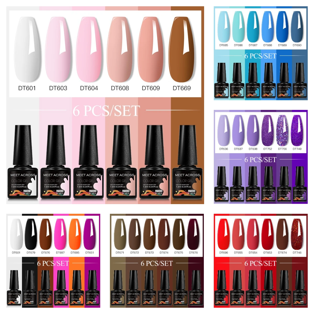 MEET ACROSS 6PCS/SET Gel Nail Polish Glitter Soak Off UV LED Semi-Permanent Nail Art Gel Polish Suitable For All Season Vernis