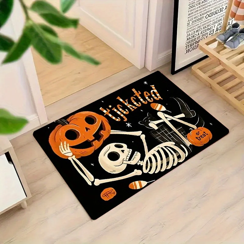 VIKAMA Skull Pumpkin Halloween Doormat Gothic Spooky Flannel Non Slip Front Door Entrance Mat Holiday Home Decor Rug