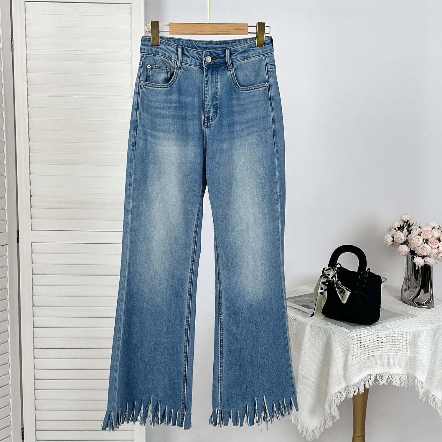 

2025 New Style Elastic Cotton Fringed Edged High-Waist Straight Denim Pants for Women y2k jeans
