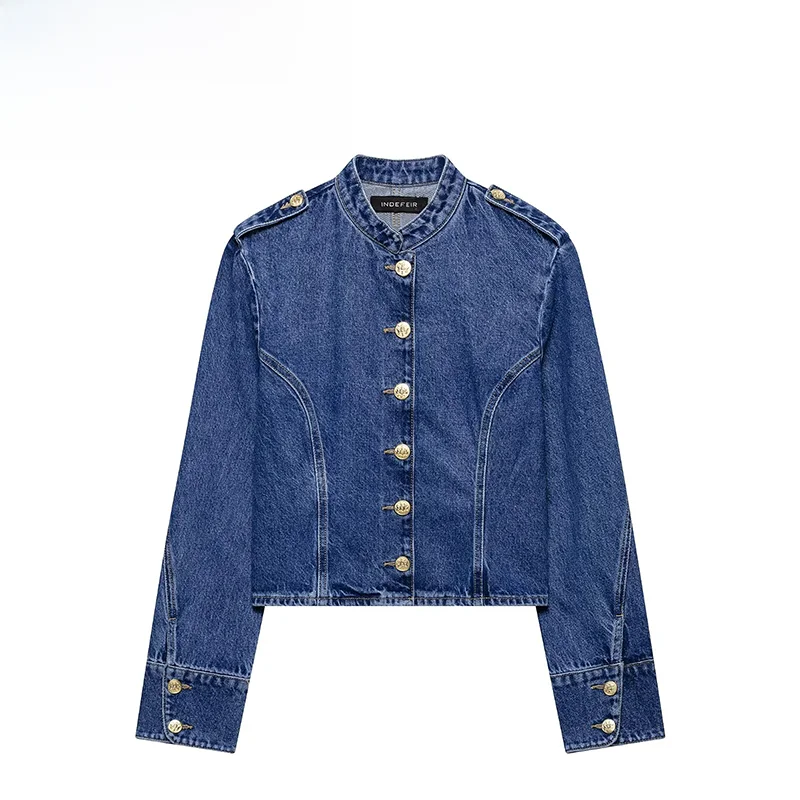

Fashionable Gold Plated Button Denim Jacket Women's Standard Fit Polyester Long Sleeve Regular Length Summer New Arrival