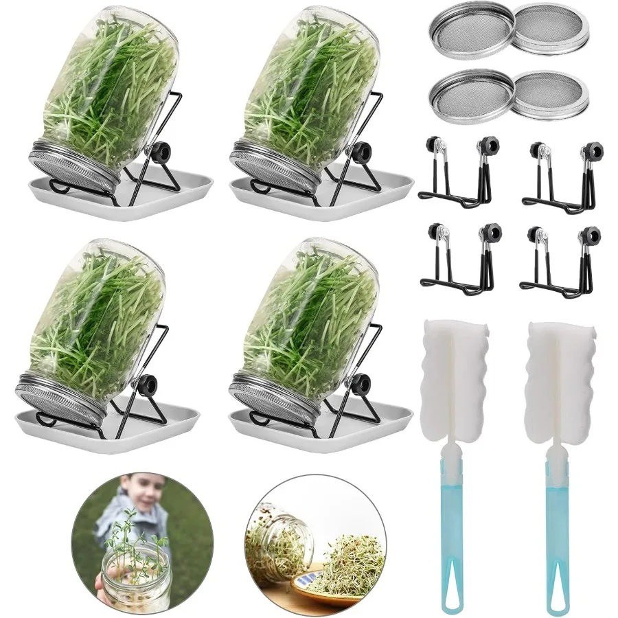 

Lulonpon 4 Sprouting Jar Kit Wide Mouth Quart Mason Jars with Stainless Steel Screen Sprout Lids 86mm 1000ml Stand Tray and Can