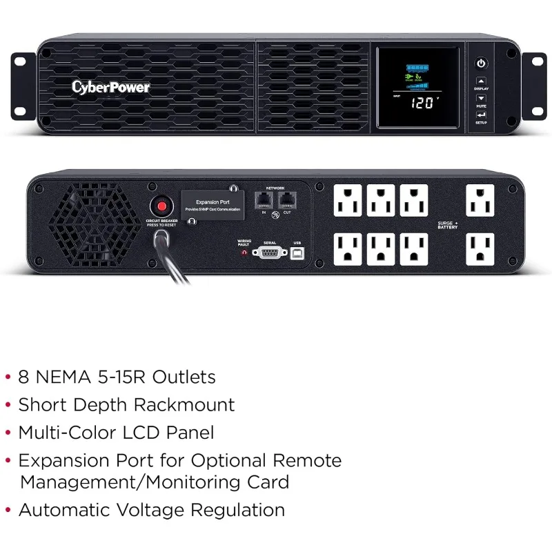CP1500PFCRM2U PFC Sinewave UPS System, 1500VA/1000W, 8 Outlets, AVR, Short Depth 2U Rackmount US(Origin)
