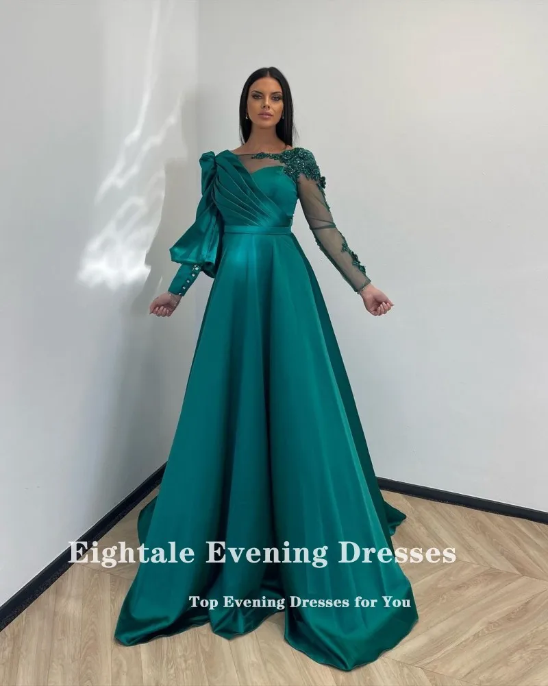 Eightale Green Evening Dress for Wedding Party Long Sleeves O-Neck Satin Appliques Beaded Dubai Customized Formal Prom Gowns