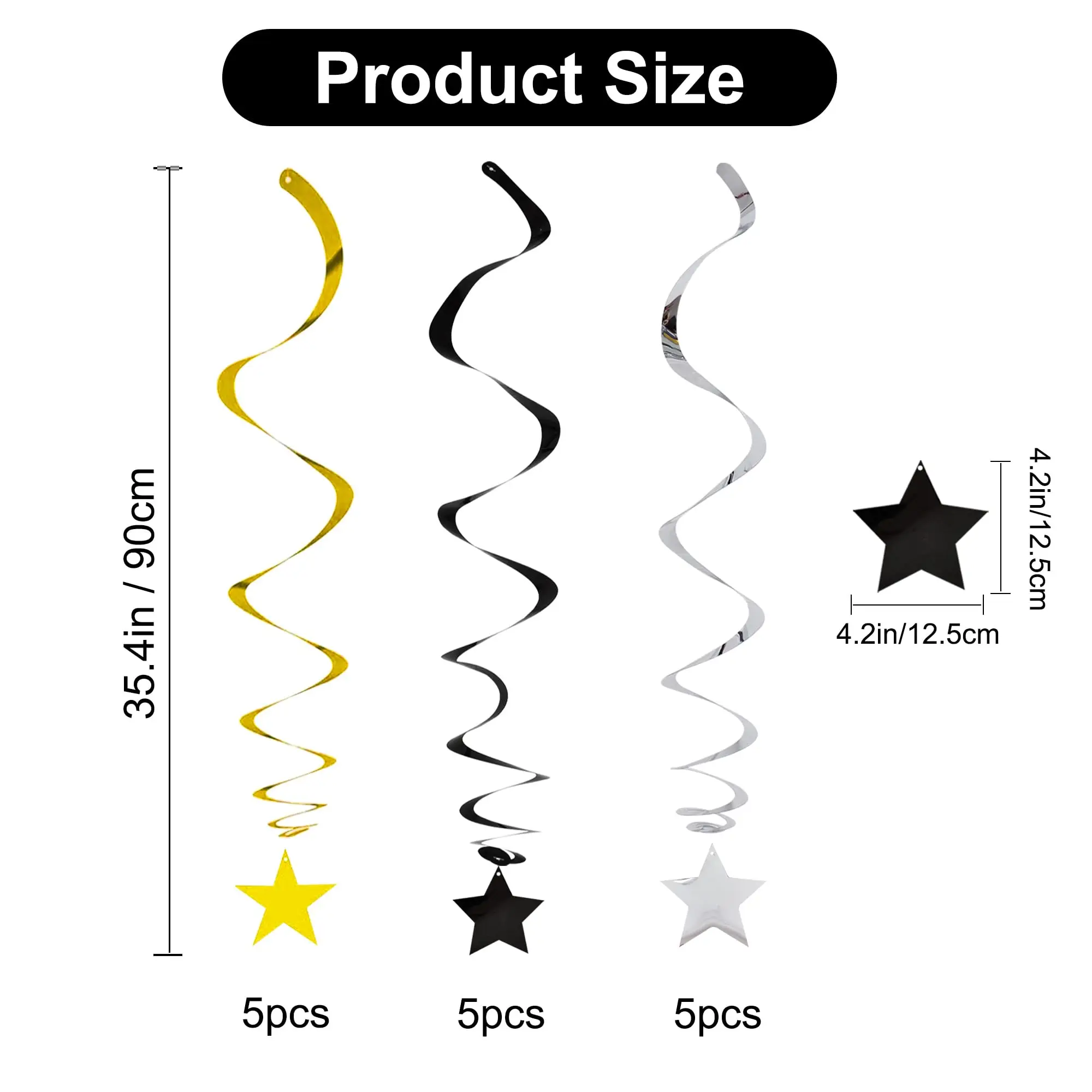 6/12/24 Stück Silberne Stern-Hängedekorationen Schwarze Goldene Spiralen zum Aufhängen für Abschlussfeier Hochzeit Babyparty Partyzubehör – Detail 2
