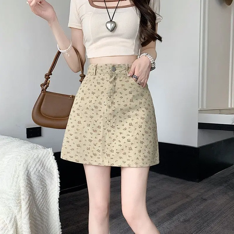 Sweet and Fresh Denim Floral Women's High Waist Slim Temperament Printed A-line Hip Skirt