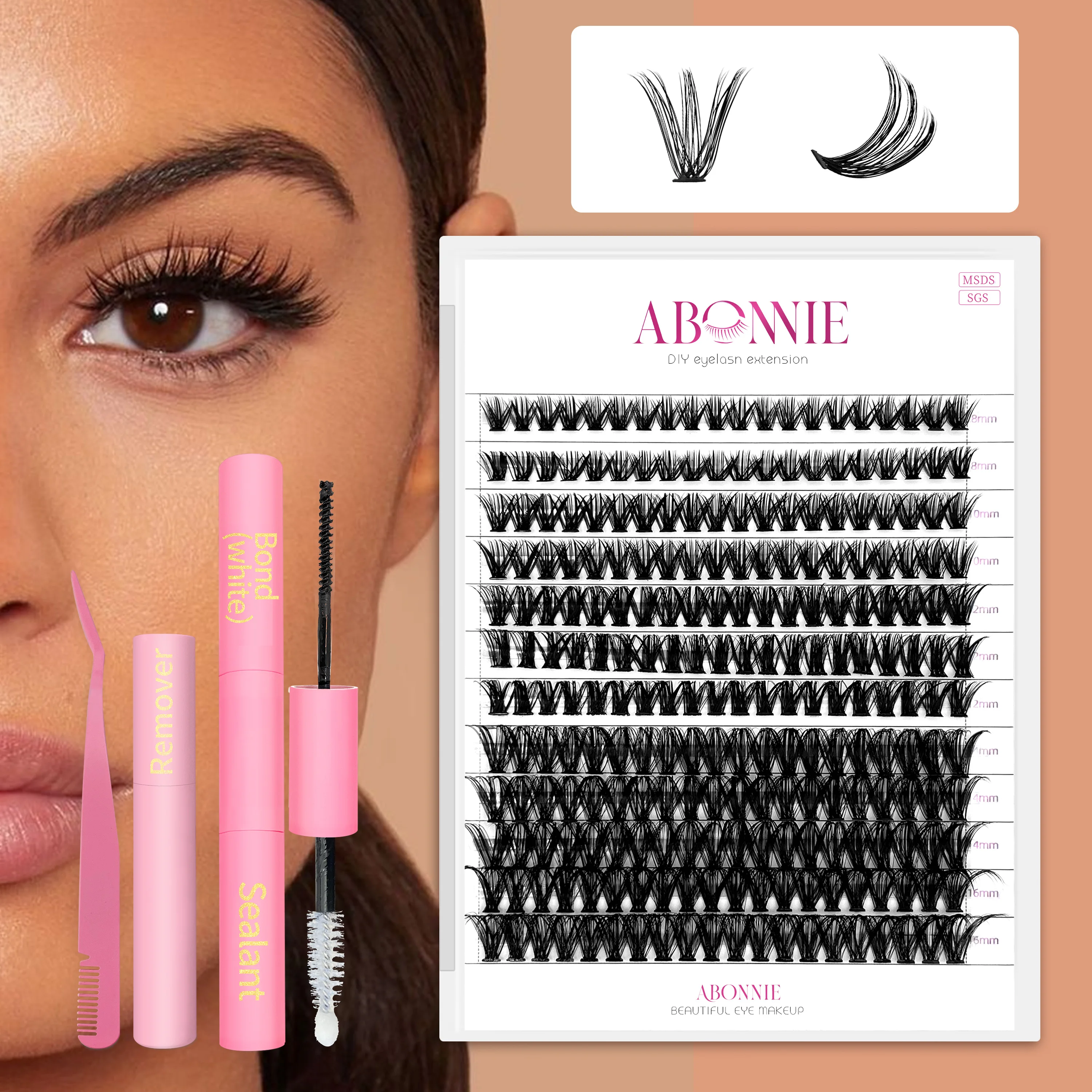 Abonnie-DIY Lash Extensões Kit, Cílios Cluster Individuais, Wispy Cílios Falsos Conjunto Cluster