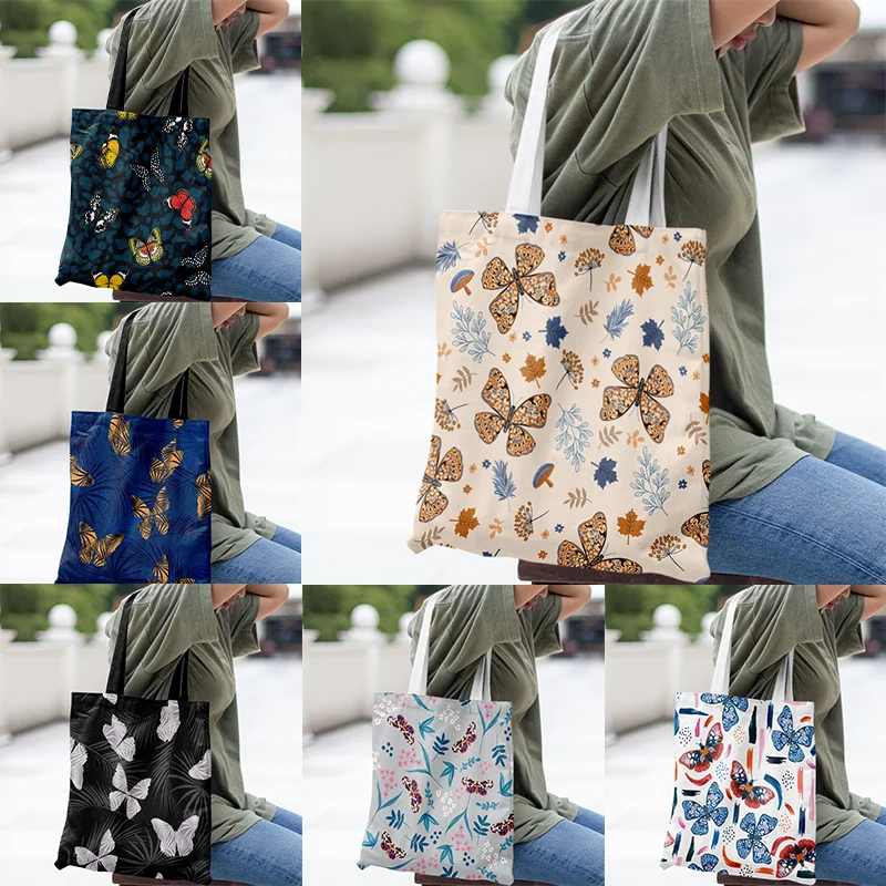 

Casual Canvas Bag Large Handbag Women's Environmental Shopping Handbag Retro Butterfly Printing Large Capacity Bag Can Be Washed