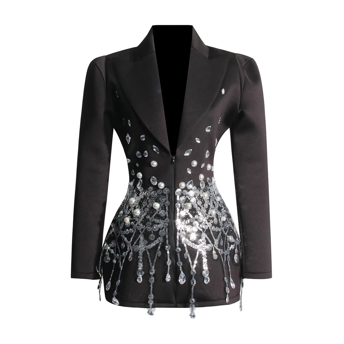 New Women's Fashion Beading Suit Blazers Dress Sexy V-Neck Water Diamond Sequin Panel Coat