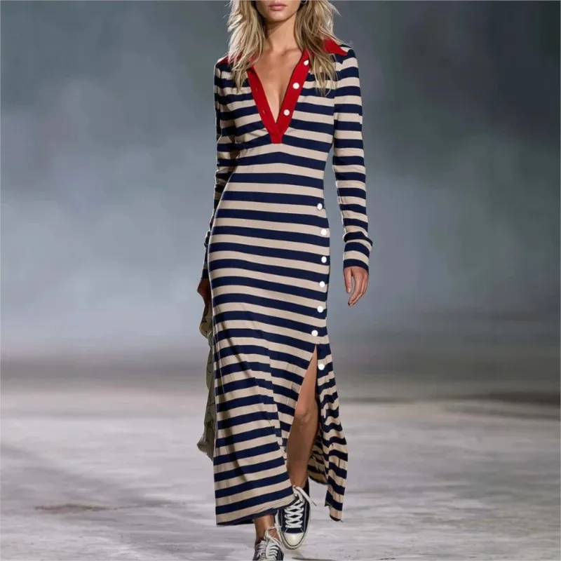 2026 New Autumn And Winter Women's Dress With Striped V-neck Hem And Split Hem Fashionable Comfortable Retro And Unique Vestidos