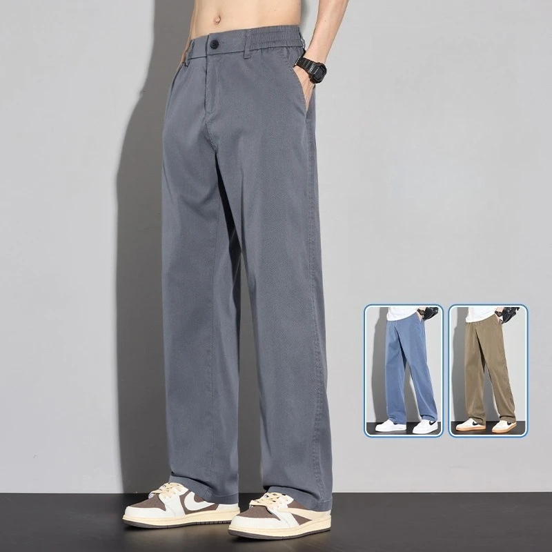 

2026 Summer Men's Lyocell Casual Pants Elastic Waist Loose Fit Breathable Straight Wide Leg Trousers Streetwear Daily Trousers