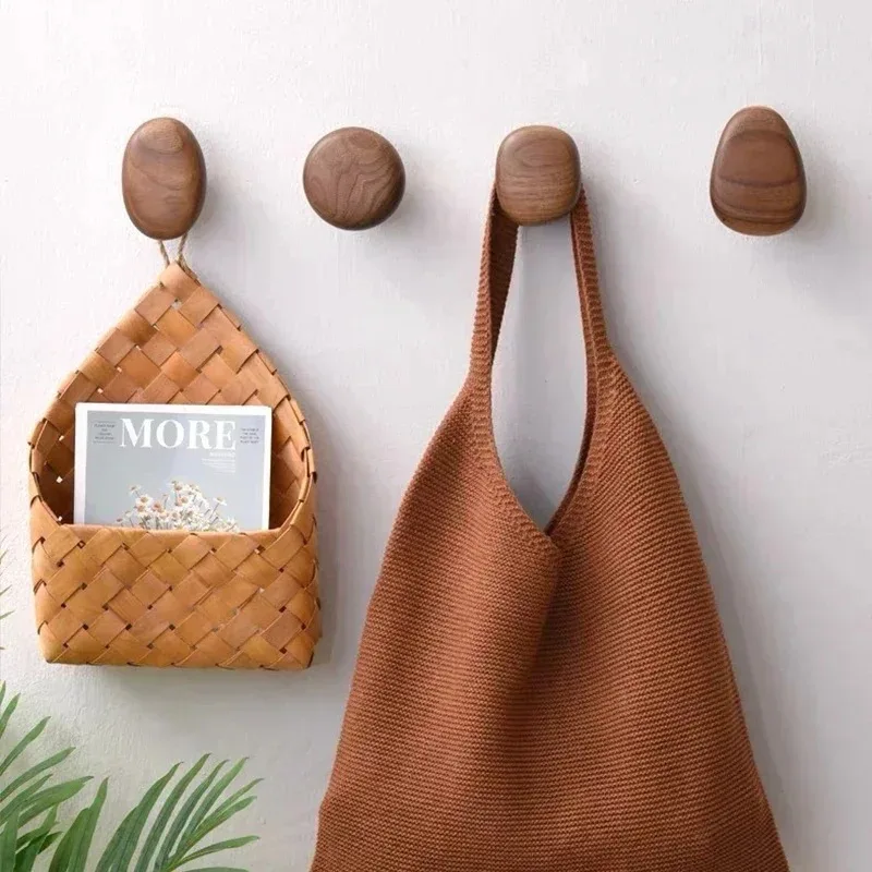 

Scandinavian Solid Wood Handle Clothes Hook Coat Hook Wall-mounted Hook Punch-free Door Clothes Hanger Pebble Shape Cabinet Door