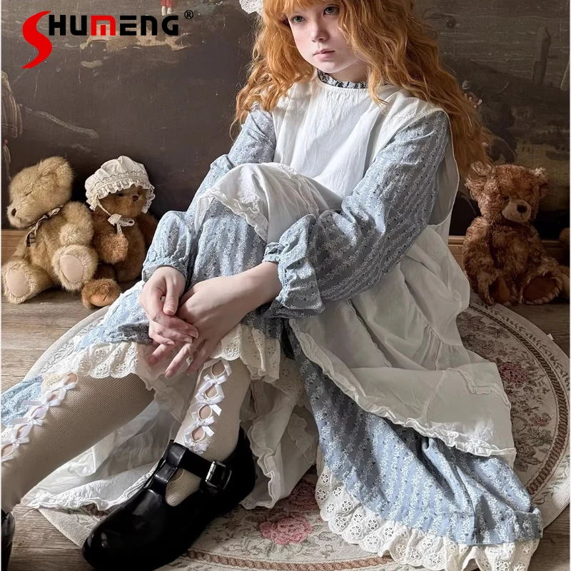 

Japanese Rojita Cute Sweet Hollow-out Lace Striped Blue Floral Dress With White Tank Top Dresses Y2k Clothes For Ladies Girls