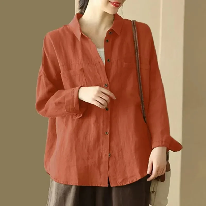 2025 new autumn cotton and linen retro shirt loose lapel pocket long sleeve casual vacation shirt