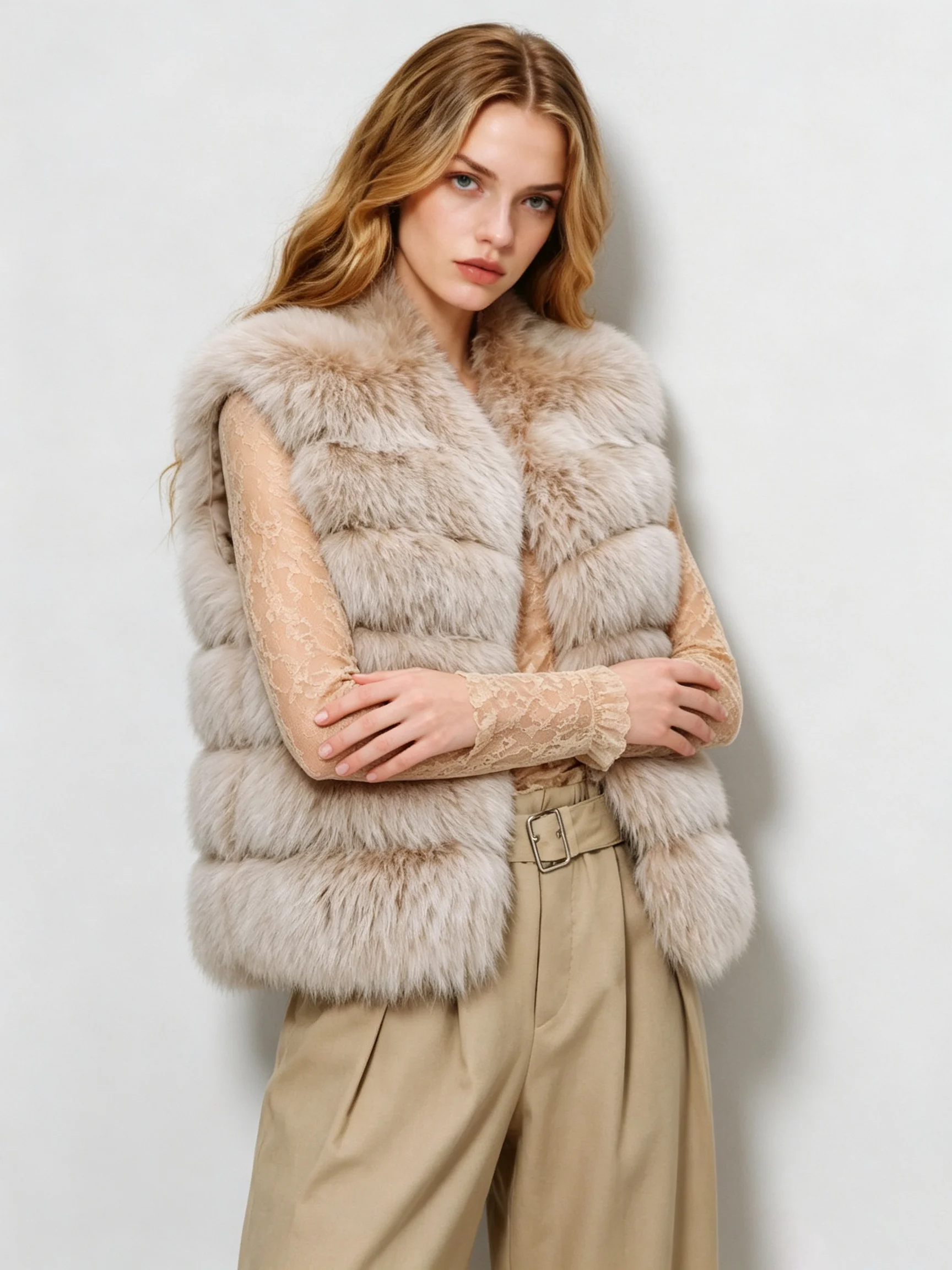 LIMO Horizontal Striped Faux Fur Sleeveless Open Front Waistcoat Vest Jacket
