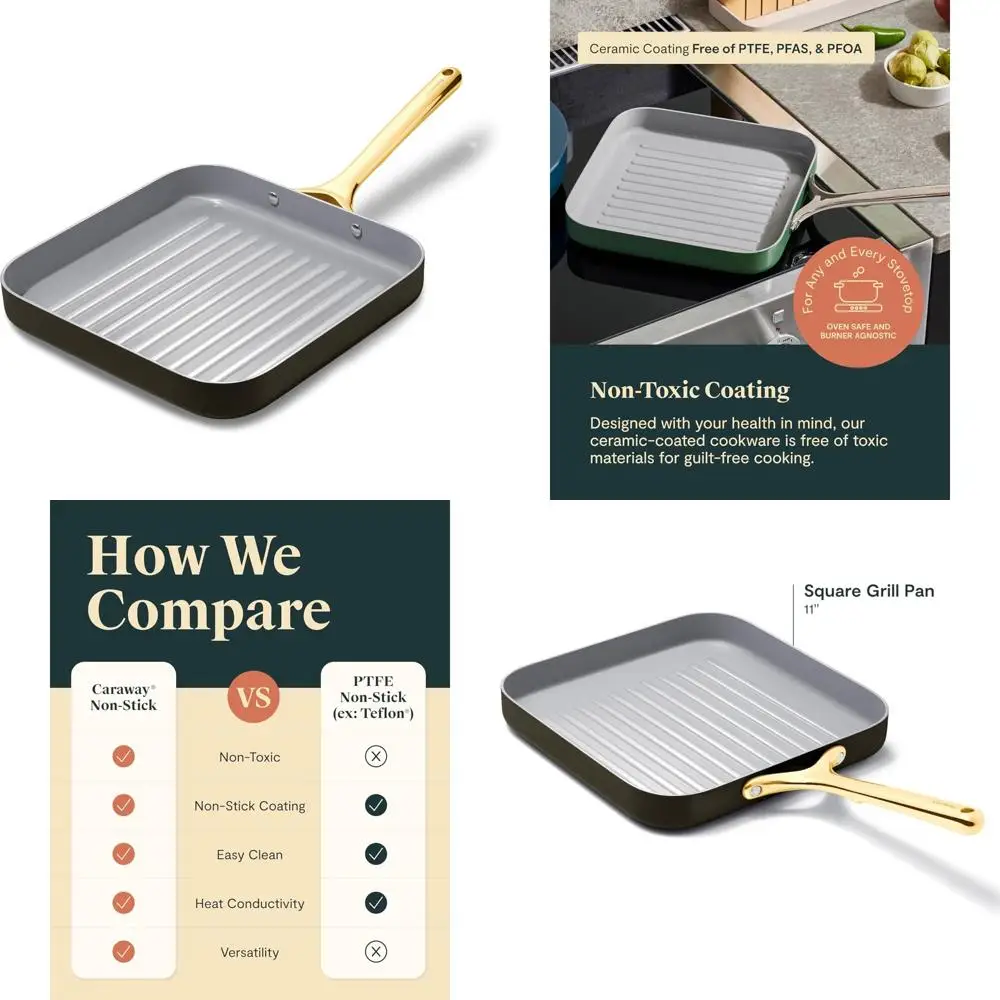 

Non-Toxic Ceramic Coated 11 Non-Stick Oven Safe Grill Pan - PTFE and PFOA Free, Compatible with All Cooktops