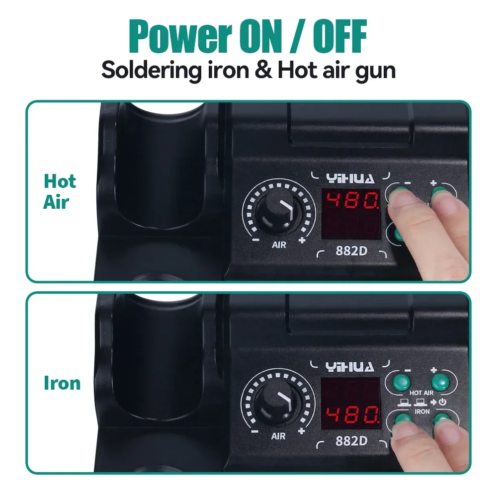 YIHUA-882D Estação de solda com display LCD, pistola de ar quente 750W, 2 em 1 SMD Retrabalho Ferro De Solda, Reparação De Solda, BGA, PCB, IC
