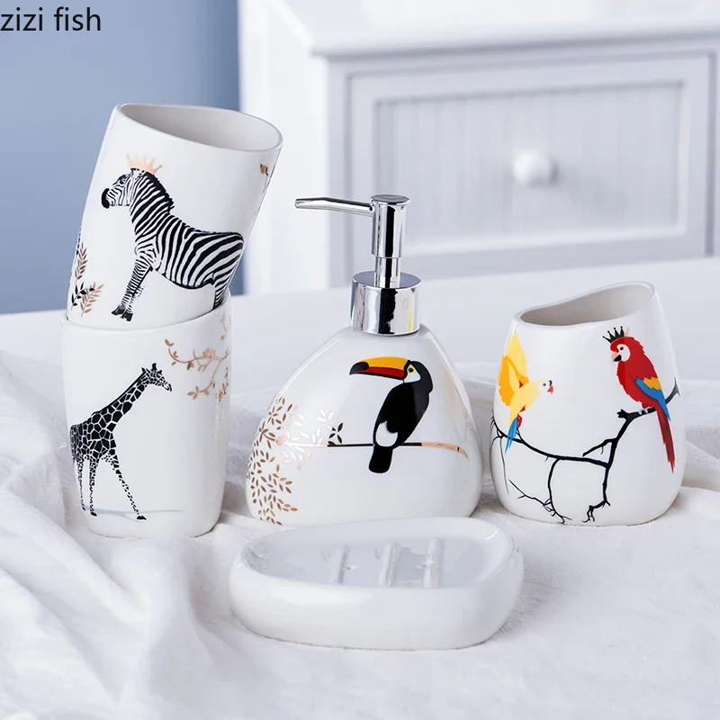 Ceramics Bathroom Accessories Set Animal Soap Dispenser/Lotion Bottle/Toothbrush Holder/Tumbler/Soap Dish Bathroom Products