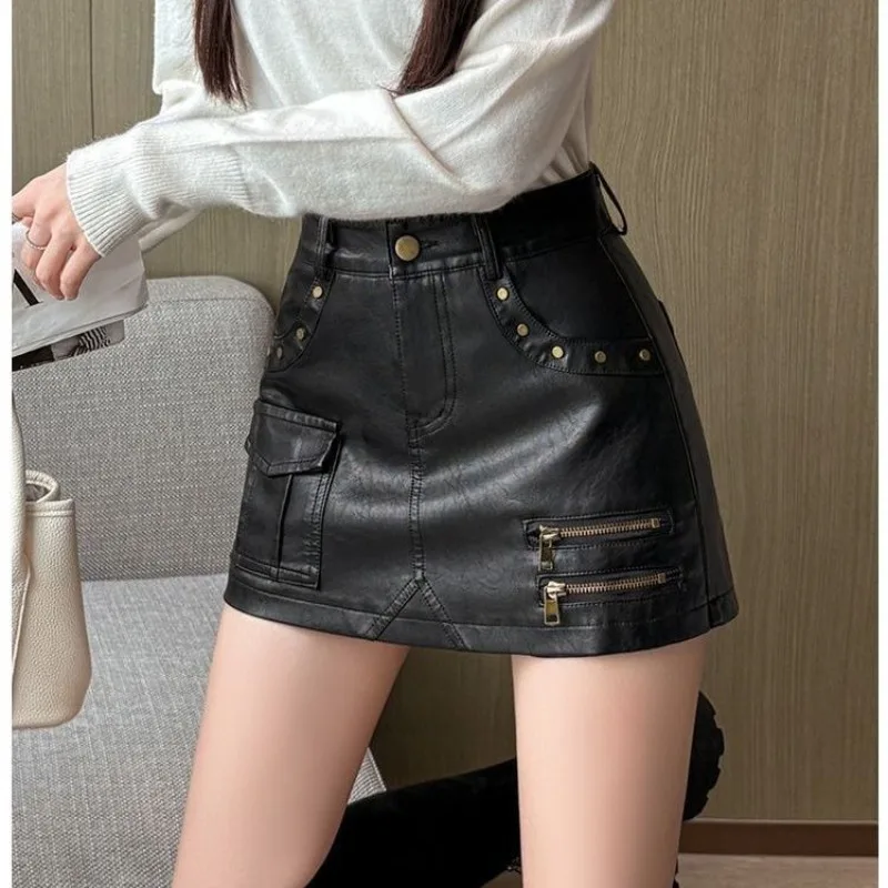 Autumn and Winter New Design Tooling Cargo PU Leather Short Skirt Women's High-waisted Wide-leg A-shaped Skirt